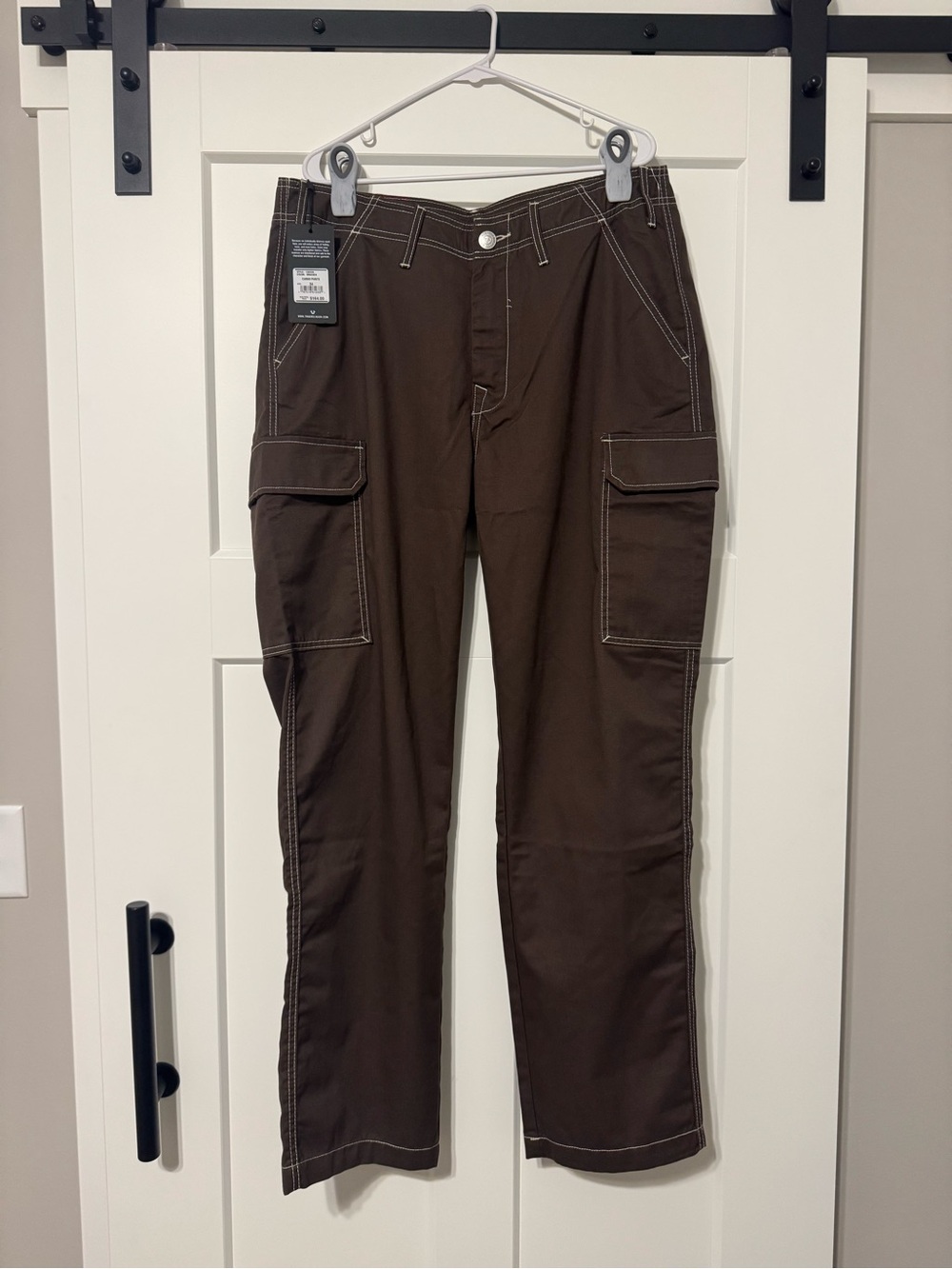 True Religion NEW Bobby Baggy Cargo Pants 34x32 Bracken Brown White Stitch